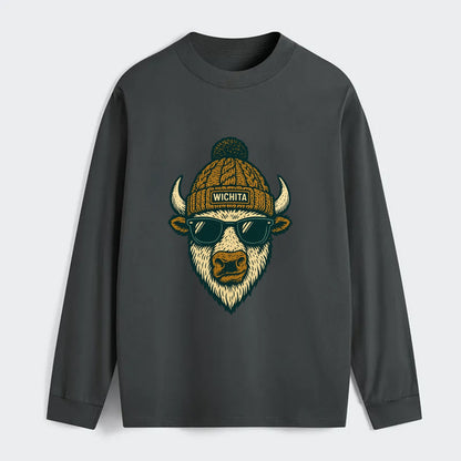 Kansas American Bison wearing Wichita beanie with pom pom and wayfarer - Classic Long Sleeve Shirt - Gray