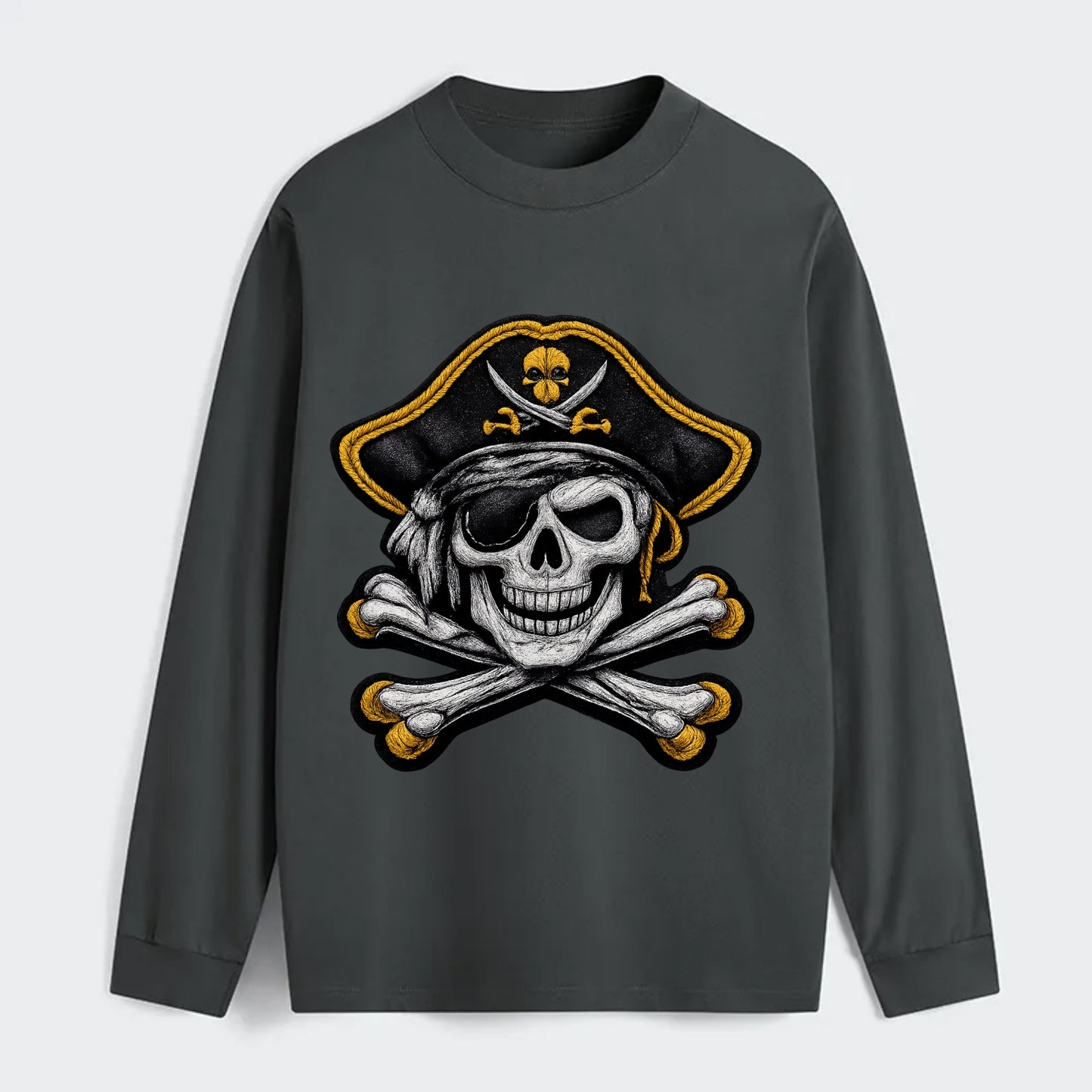 PIRATE SKULL - Jolly Roger skull in black and white , pirate - Classic Long Sleeve Shirt - Gray