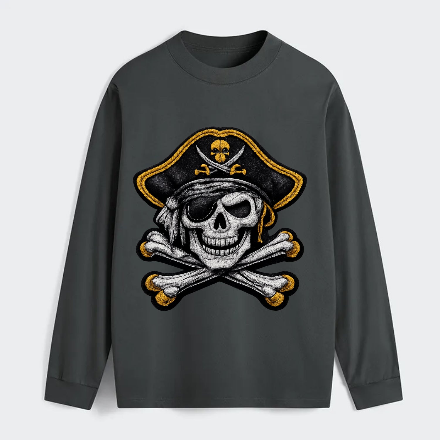PIRATE SKULL - Jolly Roger skull in black and white , pirate - Classic Long Sleeve Shirt - Gray