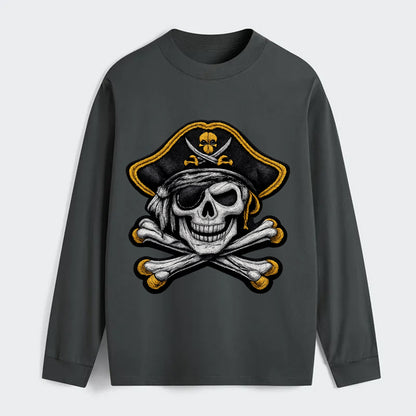 PIRATE SKULL - Jolly Roger skull in black and white , pirate - Classic Long Sleeve Shirt - Gray