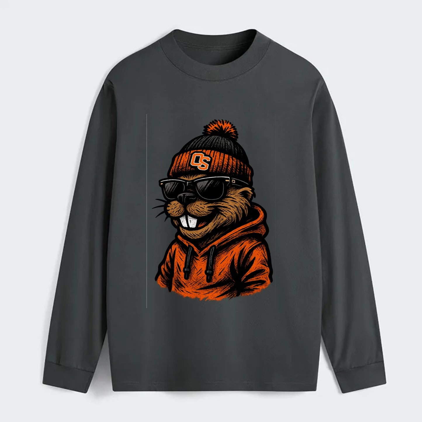 Corvallis Beaver wearing Oregon State beanie with OS patch - Classic Long Sleeve Shirt - Gray