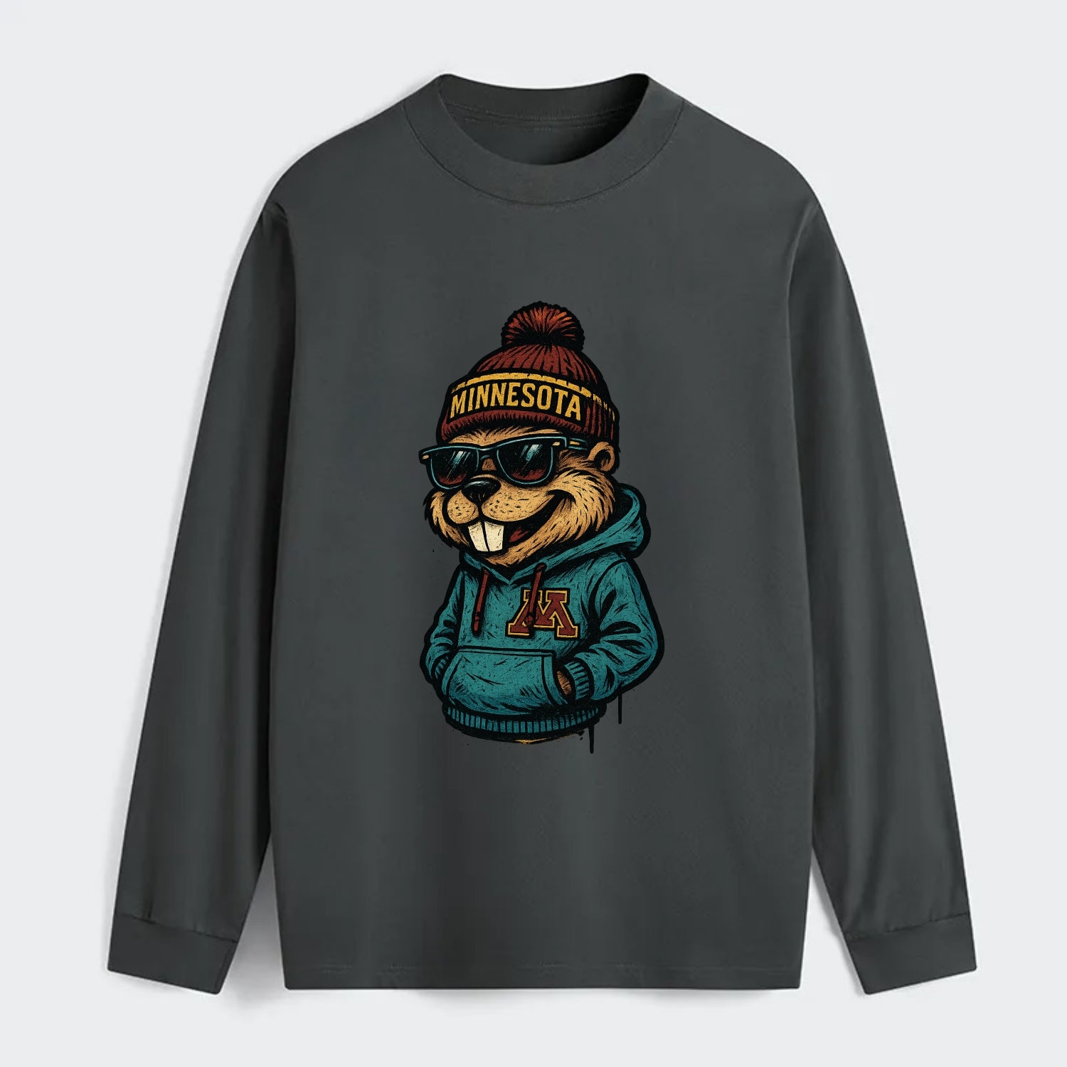 Minneapolis Gopher wearing Minnesota beanie with M patch - Classic Long Sleeve Shirt - Gray
