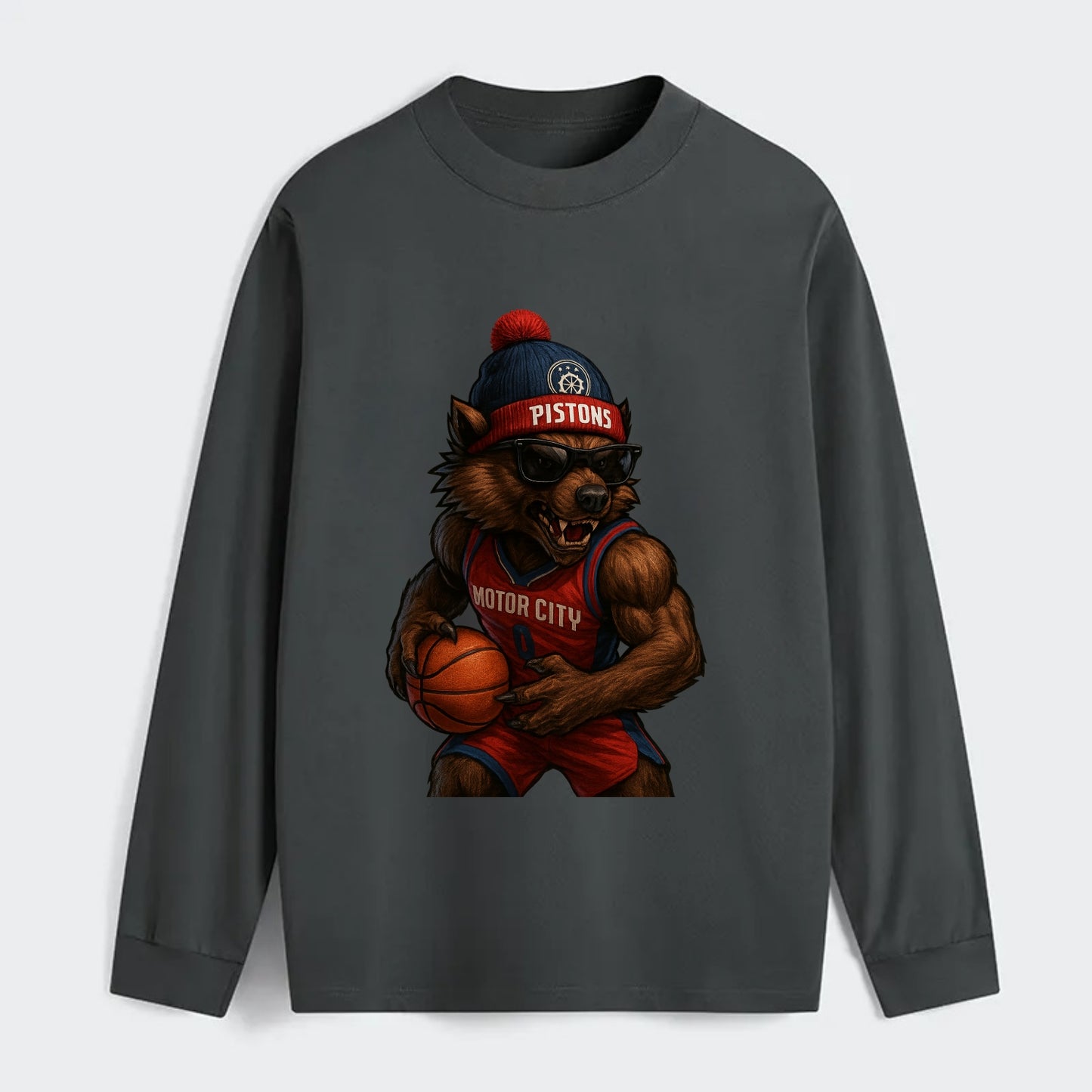 Motor City Wolverine wearing Pistons beanie with gear patch and - Classic Long Sleeve Shirt - Gray