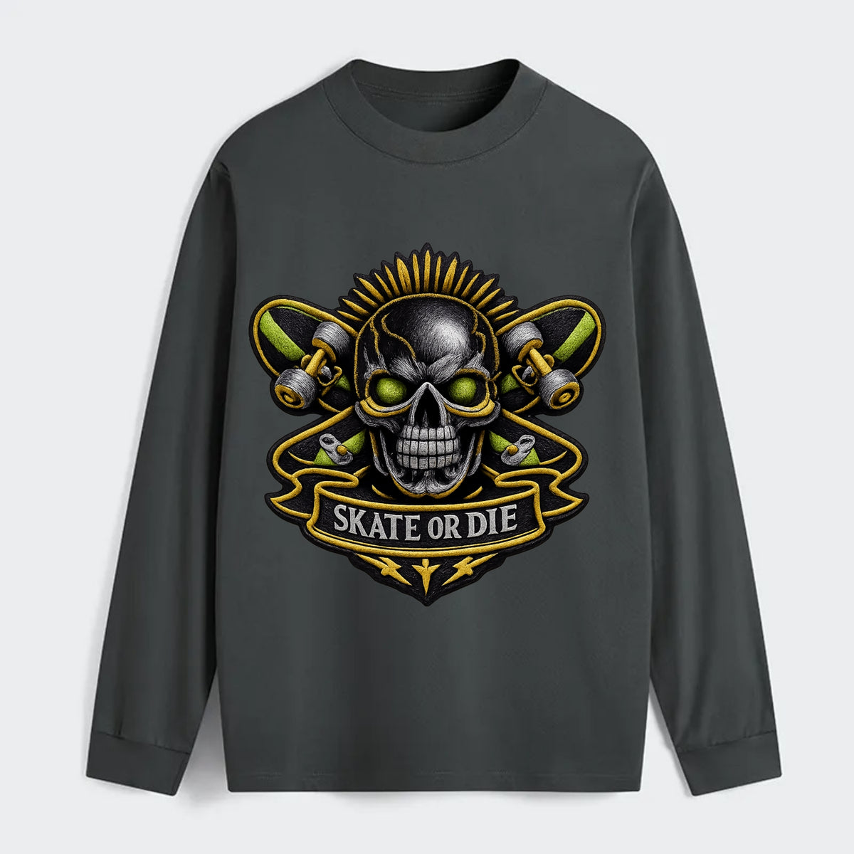 SKATEBOARD SKULL - skull with skateboard in black and neon green , - Classic Long Sleeve Shirt - Gray