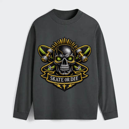 SKATEBOARD SKULL - skull with skateboard in black and neon green , - Classic Long Sleeve Shirt - Gray