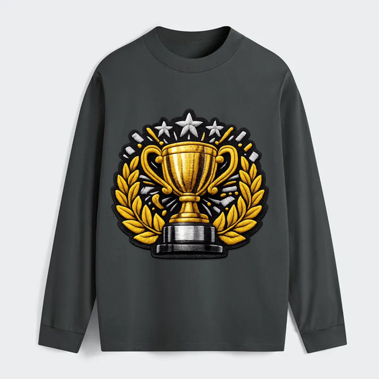 Embroidered patch design - CHAMPIONSHIP TROPHY - golden trophy cup with - Classic Long Sleeve Shirt - Gray