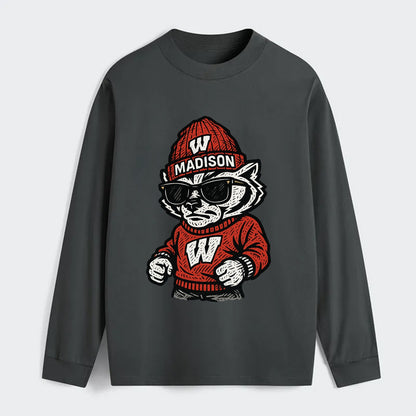 Madison Badger wearing Wisconsin beanie with motion W patch - Classic Long Sleeve Shirt - Gray