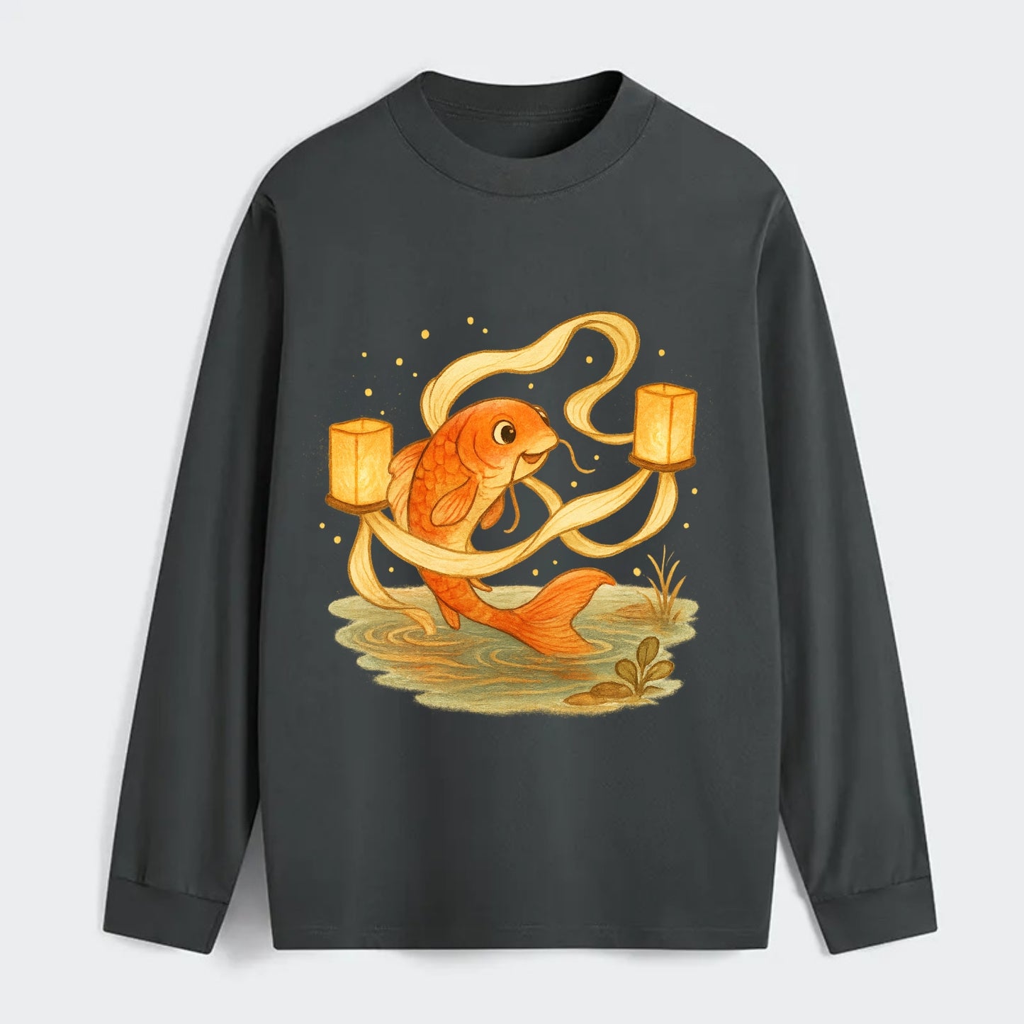 Koi weaving silk streamers through floating lanterns on tranquil water - Classic Long Sleeve Shirt - Gray