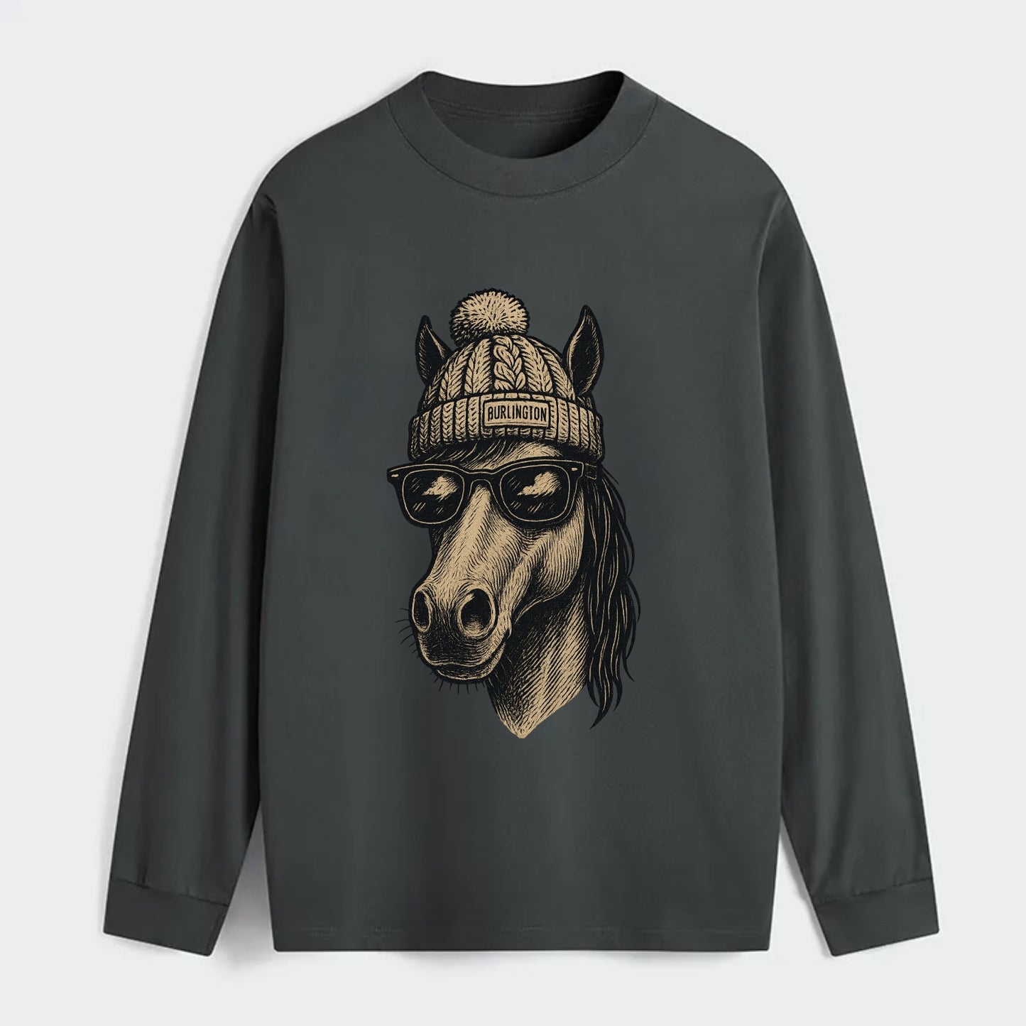 Vermont Morgan Horse wearing Burlington beanie with pom pom and - Classic Long Sleeve Shirt - Gray