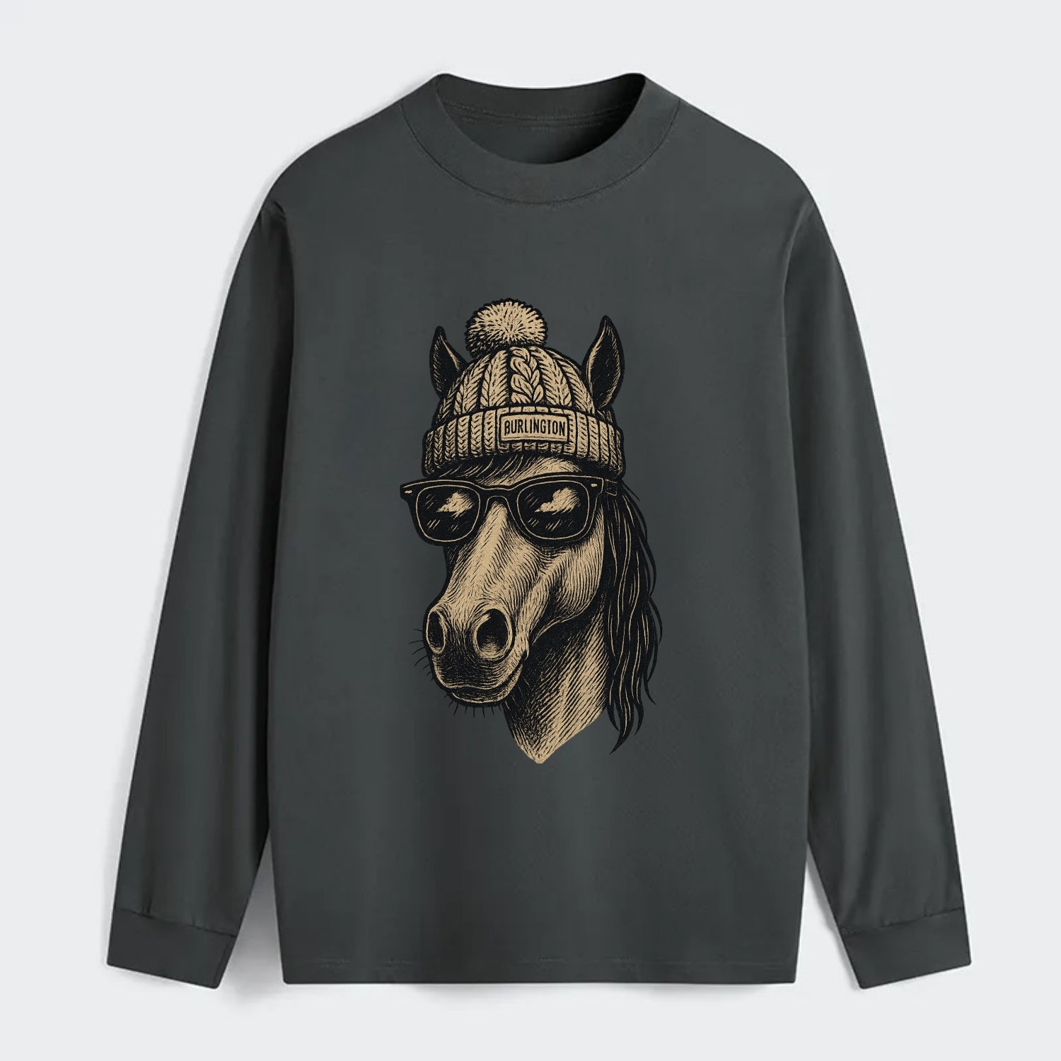 Vermont Morgan Horse wearing Burlington beanie with pom pom and - Classic Long Sleeve Shirt - Gray