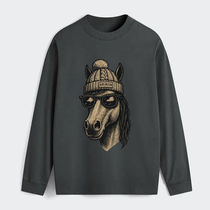 Vermont Morgan Horse wearing Burlington beanie with pom pom and - Classic Long Sleeve Shirt - Gray