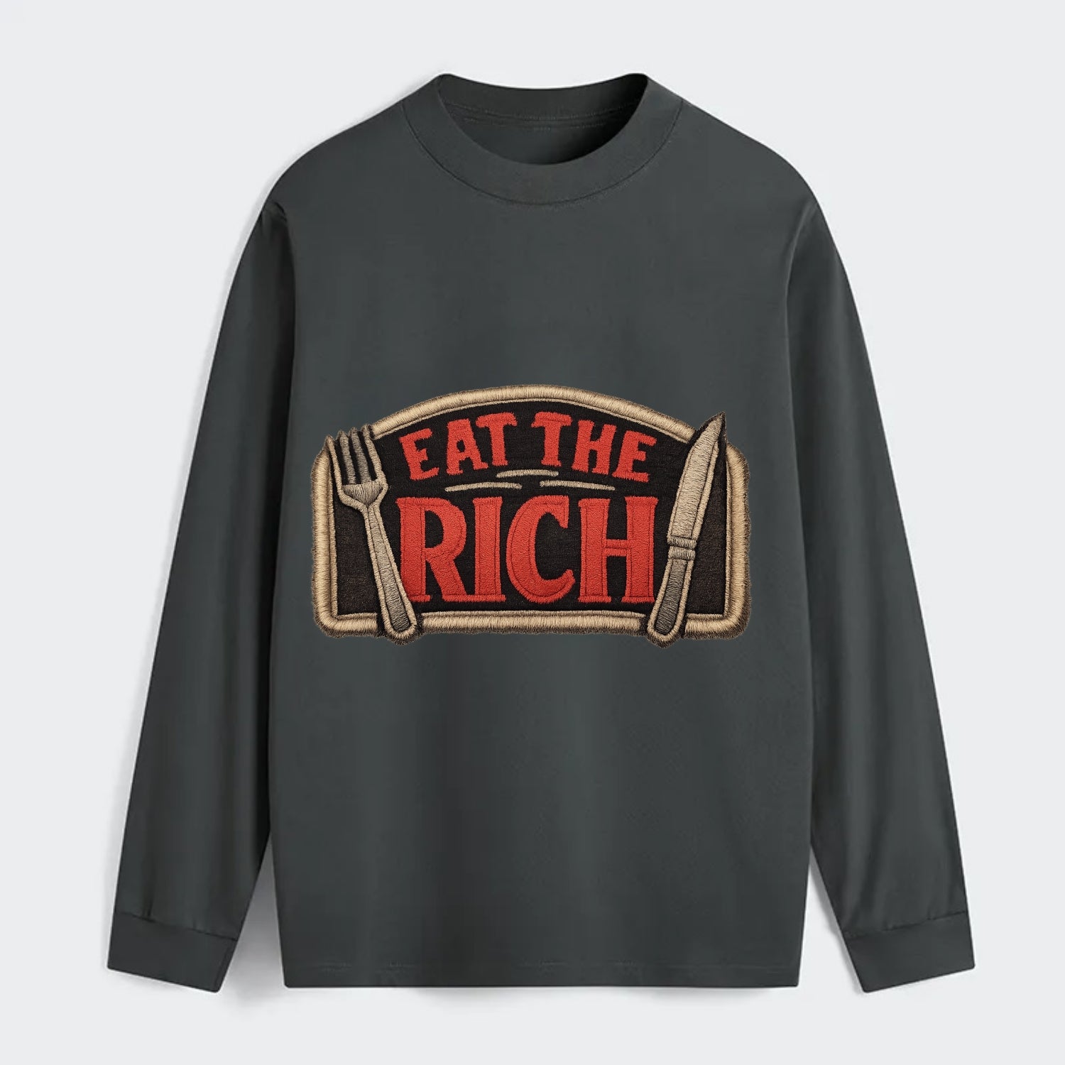 EAT THE RICH - fork and knife with text in red and silver , class war - Classic Long Sleeve Shirt - Gray