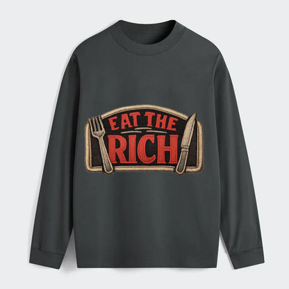 EAT THE RICH - fork and knife with text in red and silver , class war - Classic Long Sleeve Shirt - Gray