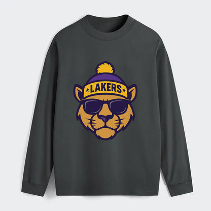 LA Mountain Lion wearing Lakers purple and gold beanie with - Classic Long Sleeve Shirt - Gray
