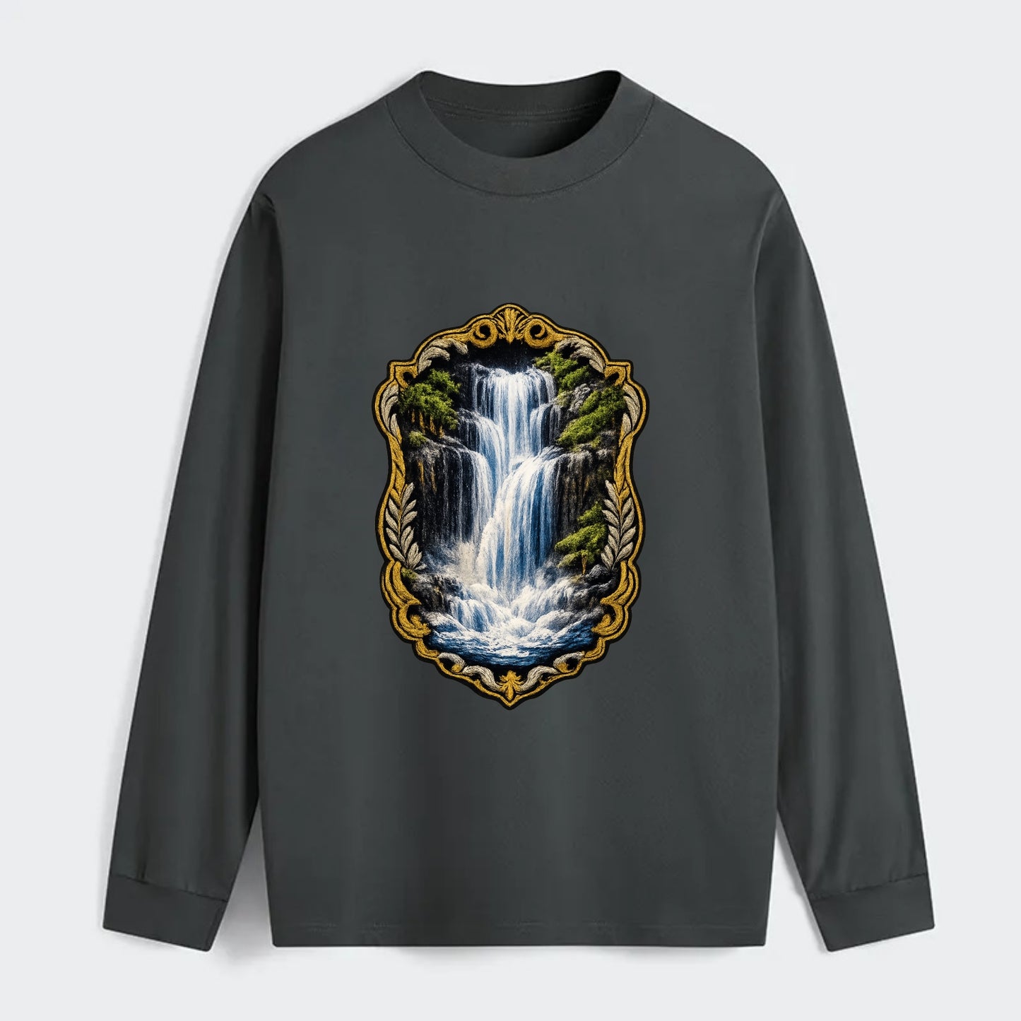 WATERFALL CASCADE - falling water with mist in blue and white , nature - Classic Long Sleeve Shirt - Gray
