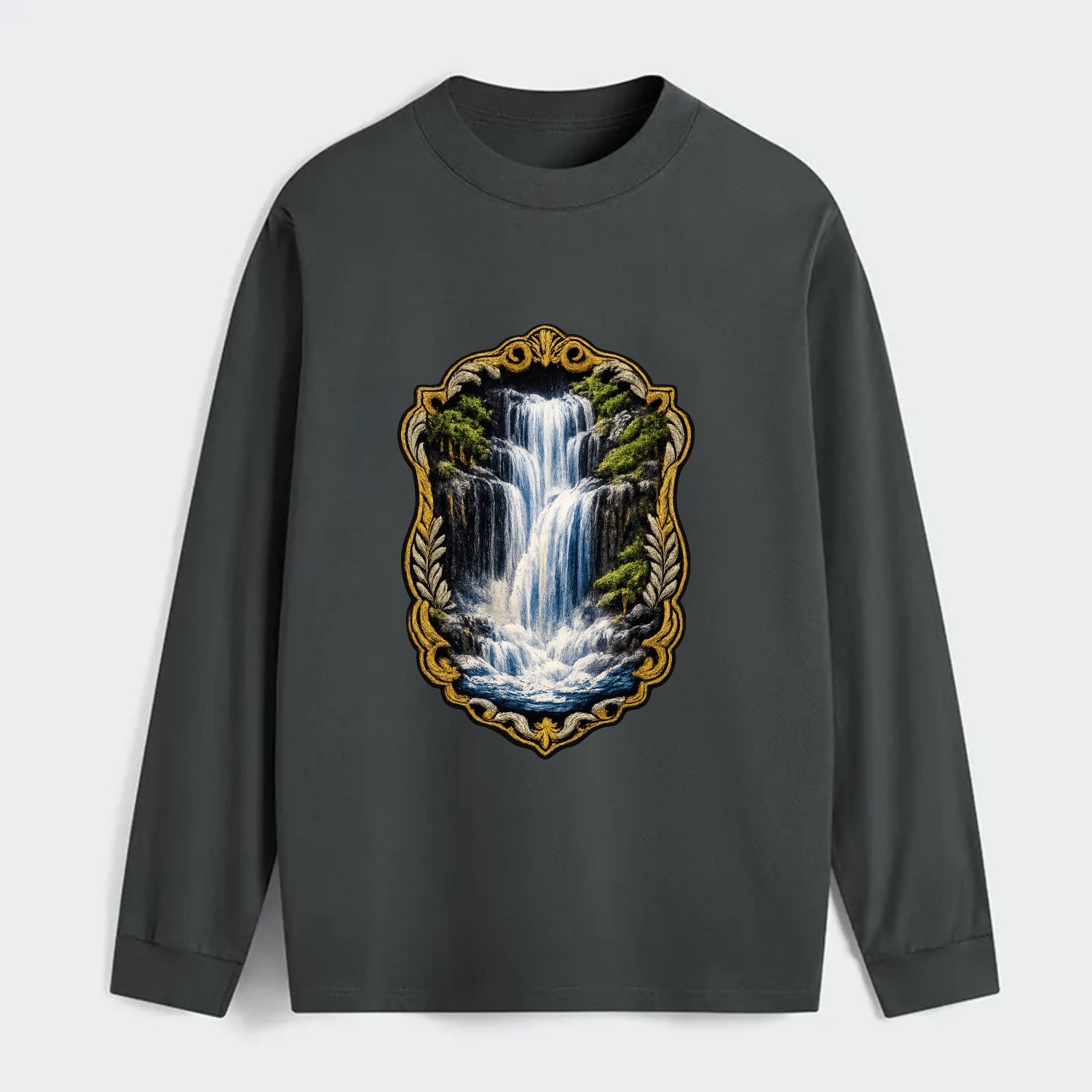 WATERFALL CASCADE - falling water with mist in blue and white , nature - Classic Long Sleeve Shirt - Gray