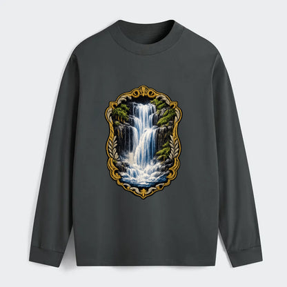 WATERFALL CASCADE - falling water with mist in blue and white , nature - Classic Long Sleeve Shirt - Gray
