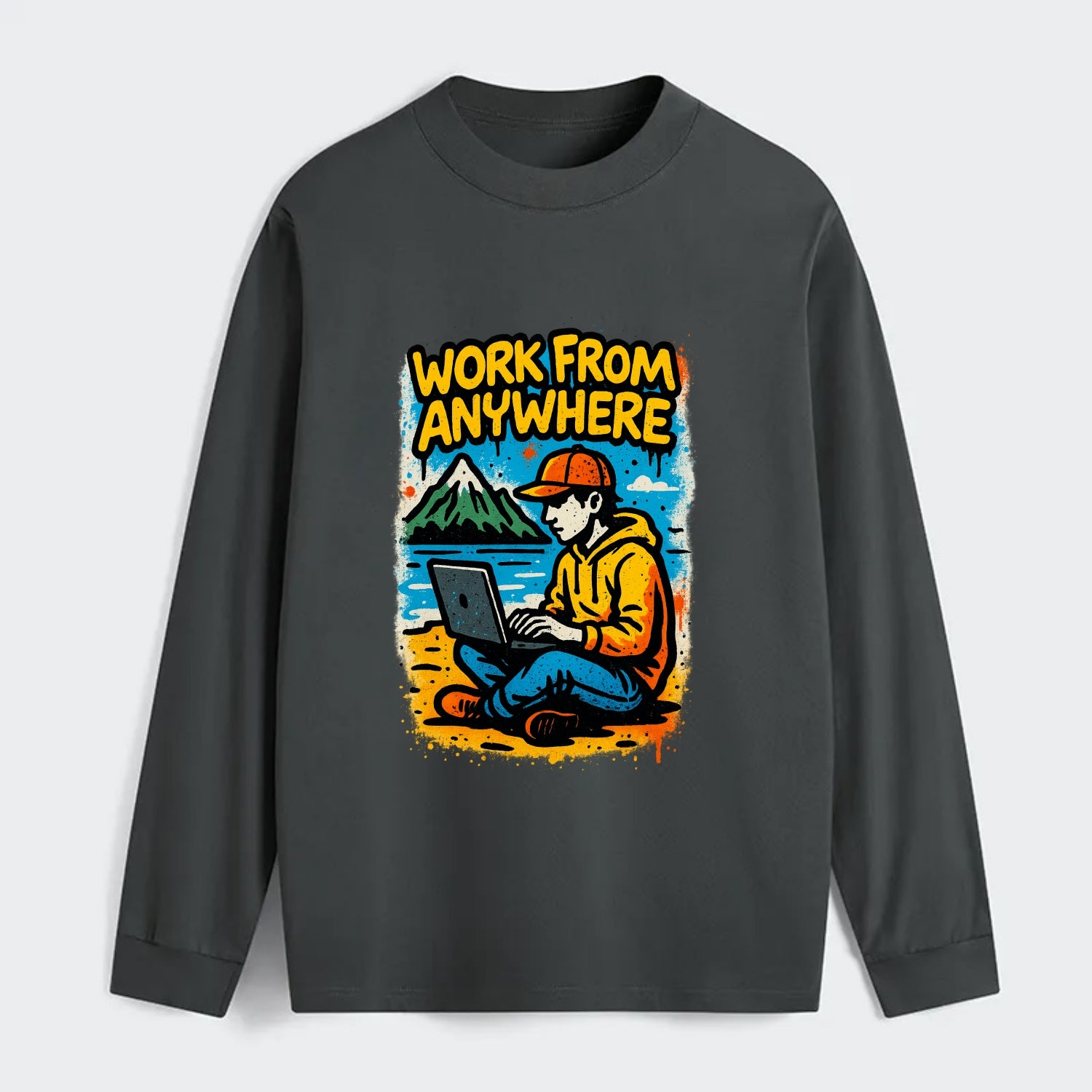 Digital nomad with laptop on beach/mountain - work from anywhere - Classic Long Sleeve Shirt - Gray