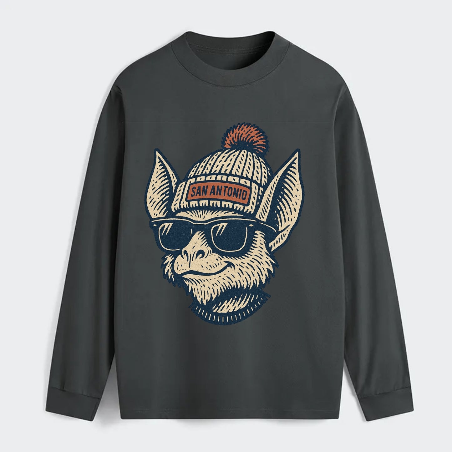 San Antonio Bat wearing San Antonio beanie with pom pom and wayfarer - Classic Long Sleeve Shirt - Gray