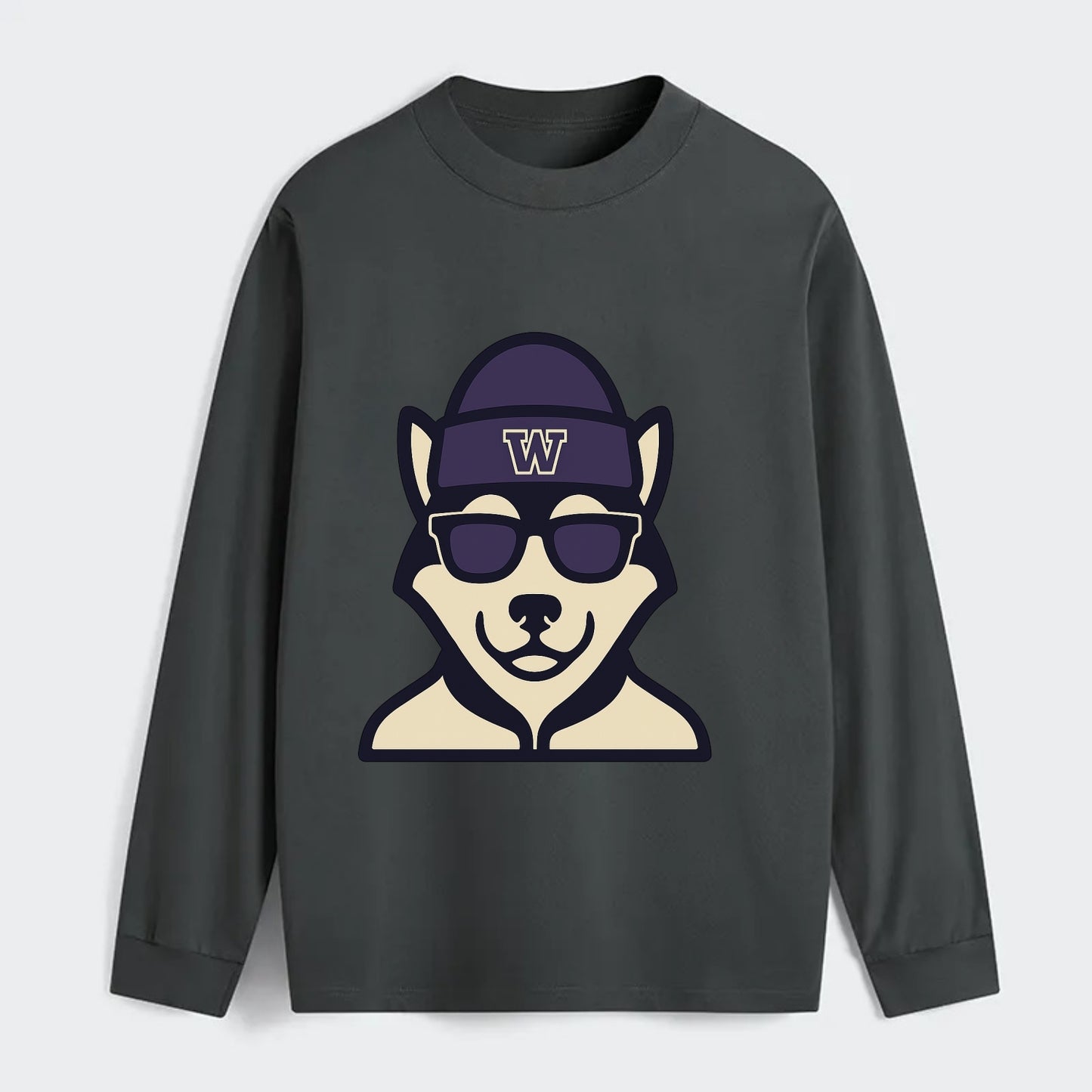 Seattle Husky wearing Washington beanie with W patch - Classic Long Sleeve Shirt - Gray