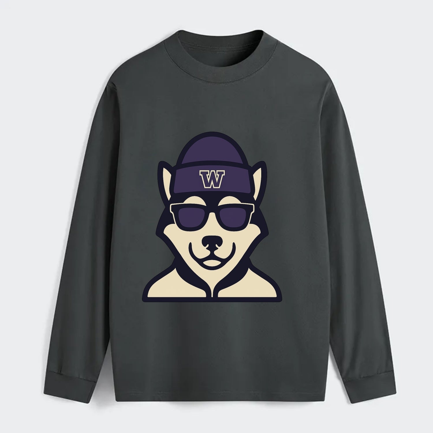 Seattle Husky wearing Washington beanie with W patch - Classic Long Sleeve Shirt - Gray