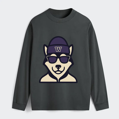 Seattle Husky wearing Washington beanie with W patch - Classic Long Sleeve Shirt - Gray