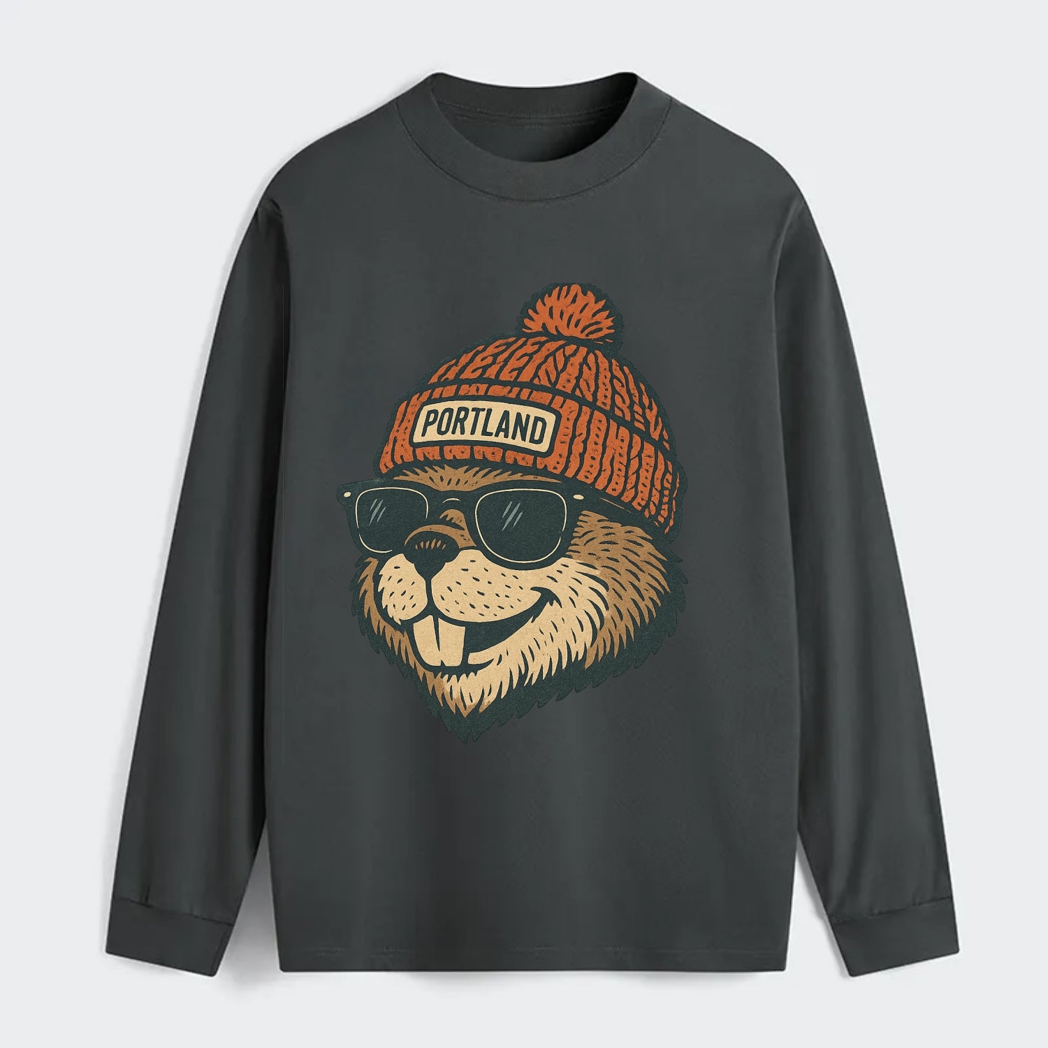 Oregon Beaver wearing Portland beanie with pom pom and wayfarer - Classic Long Sleeve Shirt - Gray