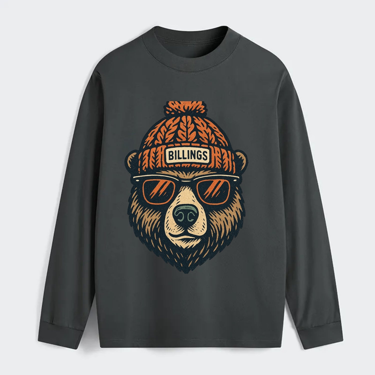 Montana Grizzly Bear wearing Billings beanie with pom pom and wayfarer - Classic Long Sleeve Shirt - Gray