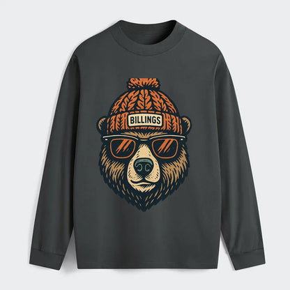 Montana Grizzly Bear wearing Billings beanie with pom pom and wayfarer - Classic Long Sleeve Shirt - Gray