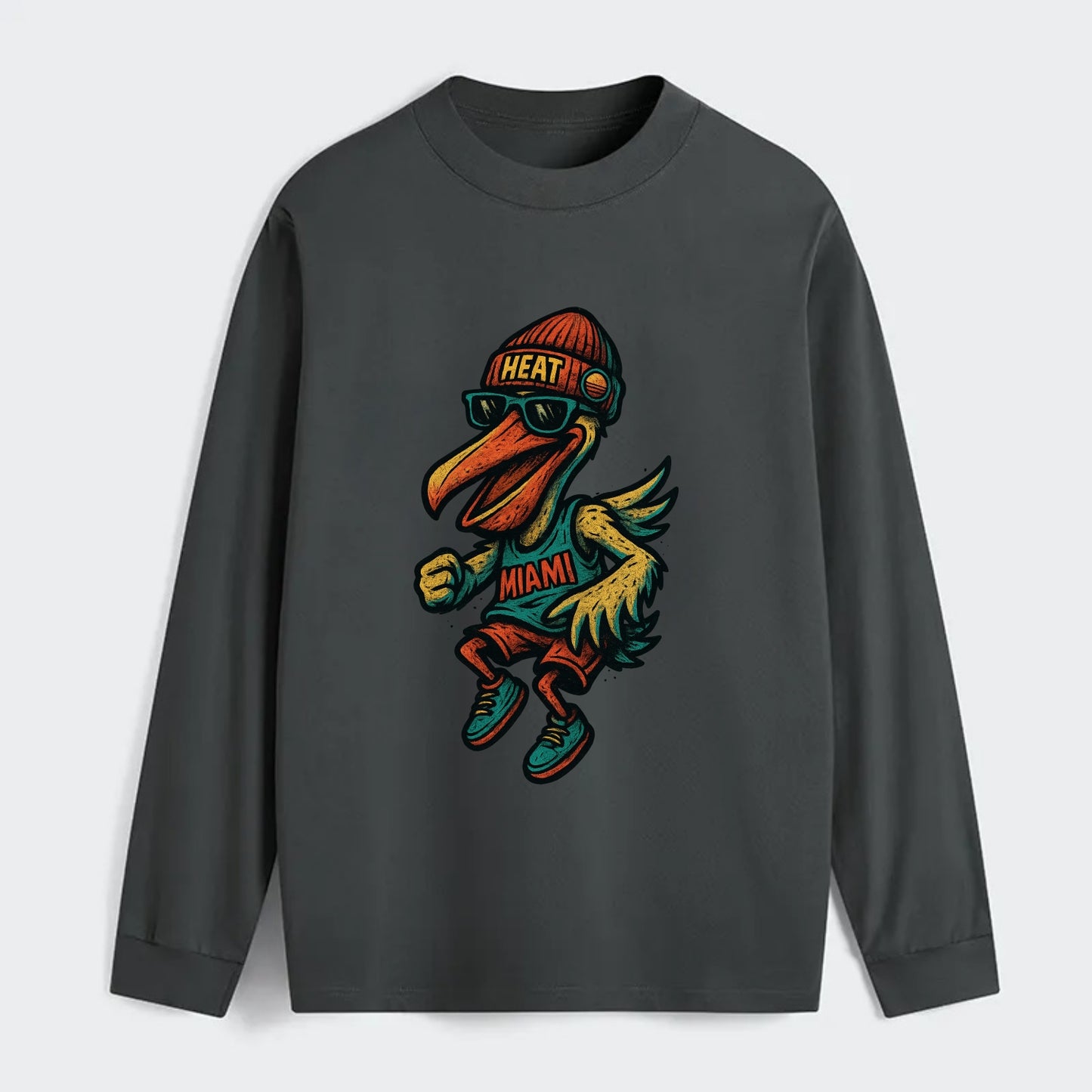 Miami Pelican wearing Heat beanie with sunset patch and wayfarer - Classic Long Sleeve Shirt - Gray