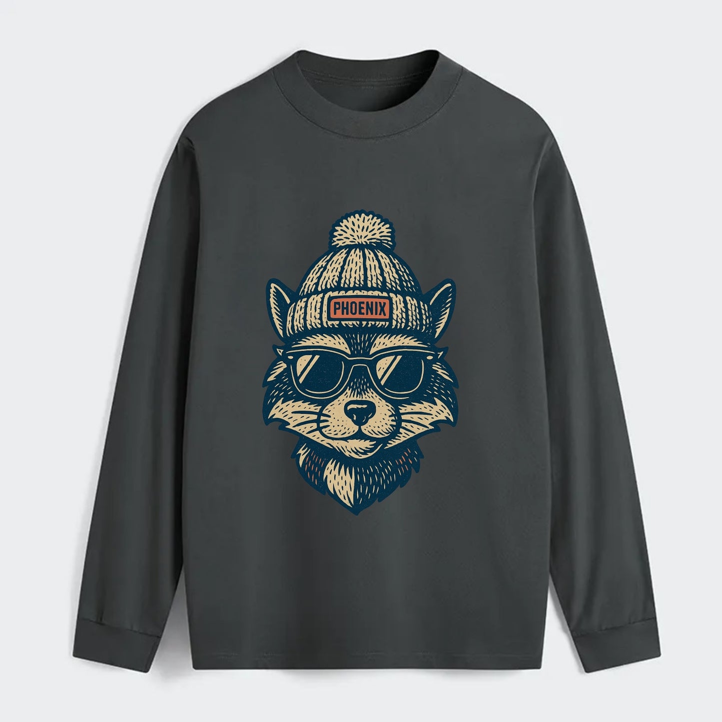 Arizona Ringtail wearing Phoenix beanie with pom pom and wayfarer - Classic Long Sleeve Shirt - Gray