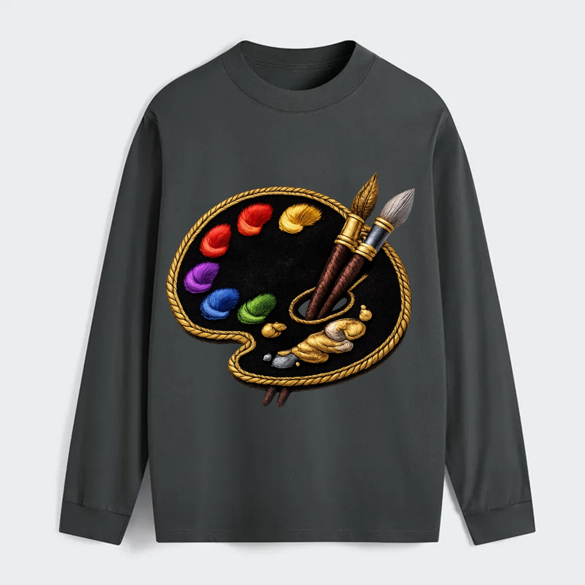 PAINT PALETTE - artist palette with brushes in rainbow and brown , - Classic Long Sleeve Shirt - Gray