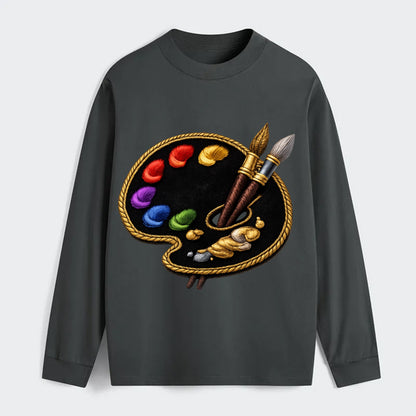 PAINT PALETTE - artist palette with brushes in rainbow and brown , - Classic Long Sleeve Shirt - Gray