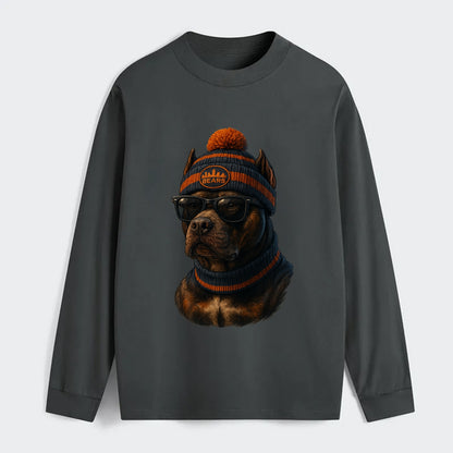 Chicago Pitbull wearing Bears beanie with skyline patch and wayfarer - Classic Long Sleeve Shirt - Gray