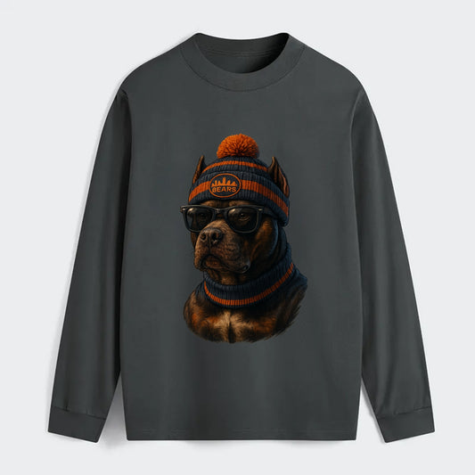 Chicago Pitbull wearing Bears beanie with skyline patch and wayfarer - Classic Long Sleeve Shirt - Gray