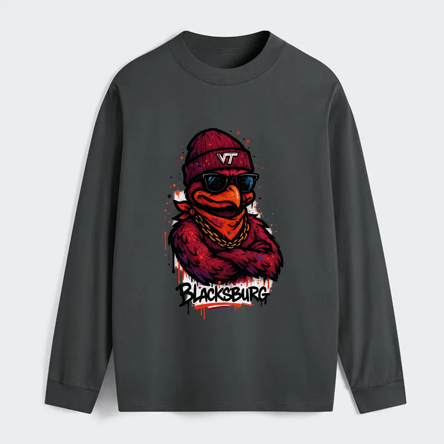 Blacksburg HokieBird wearing Virginia Tech beanie with VT patch - Classic Long Sleeve Shirt - Gray