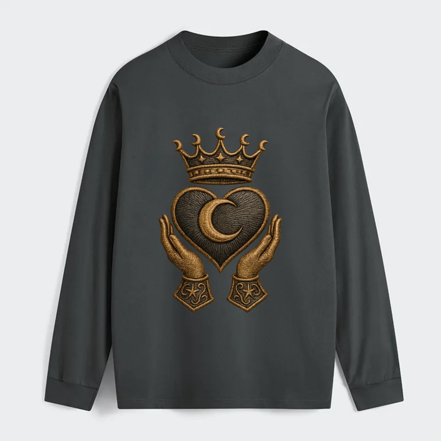 Moonlit crescent crown cradling a hematite heart with stargazer hands - Classic Long Sleeve Shirt - Gray