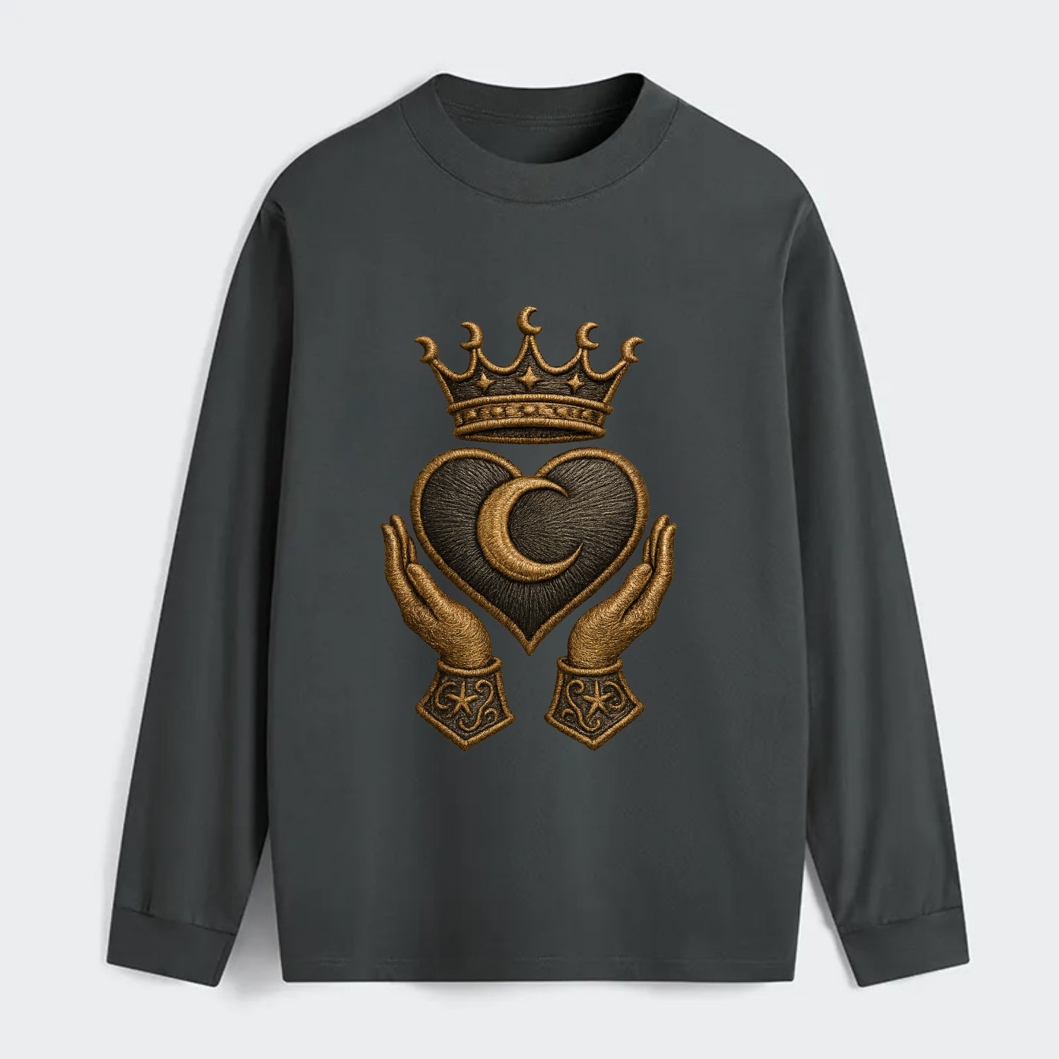 Moonlit crescent crown cradling a hematite heart with stargazer hands - Classic Long Sleeve Shirt - Gray