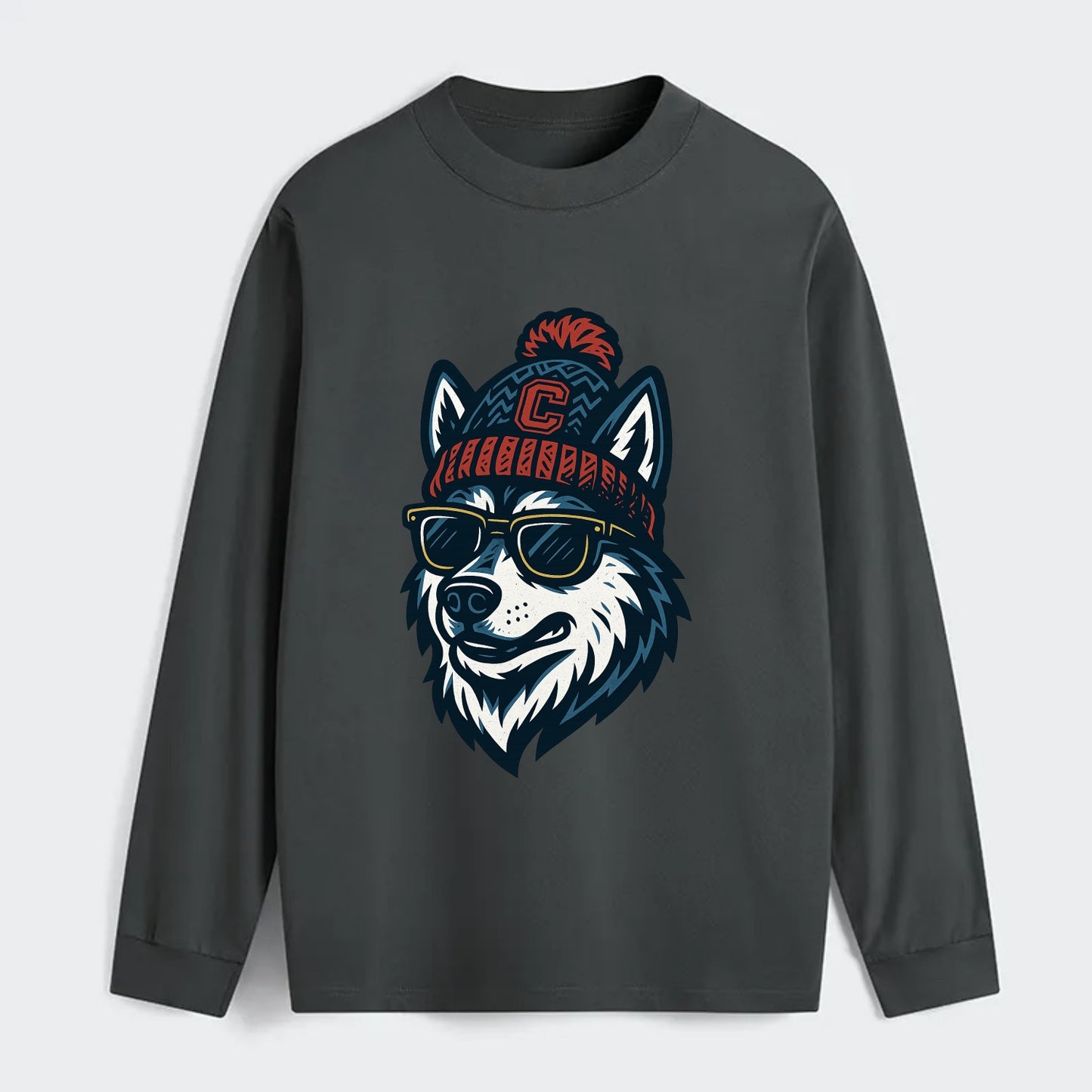 Storrs Husky wearing UConn beanie with C patch - Classic Long Sleeve Shirt - Gray