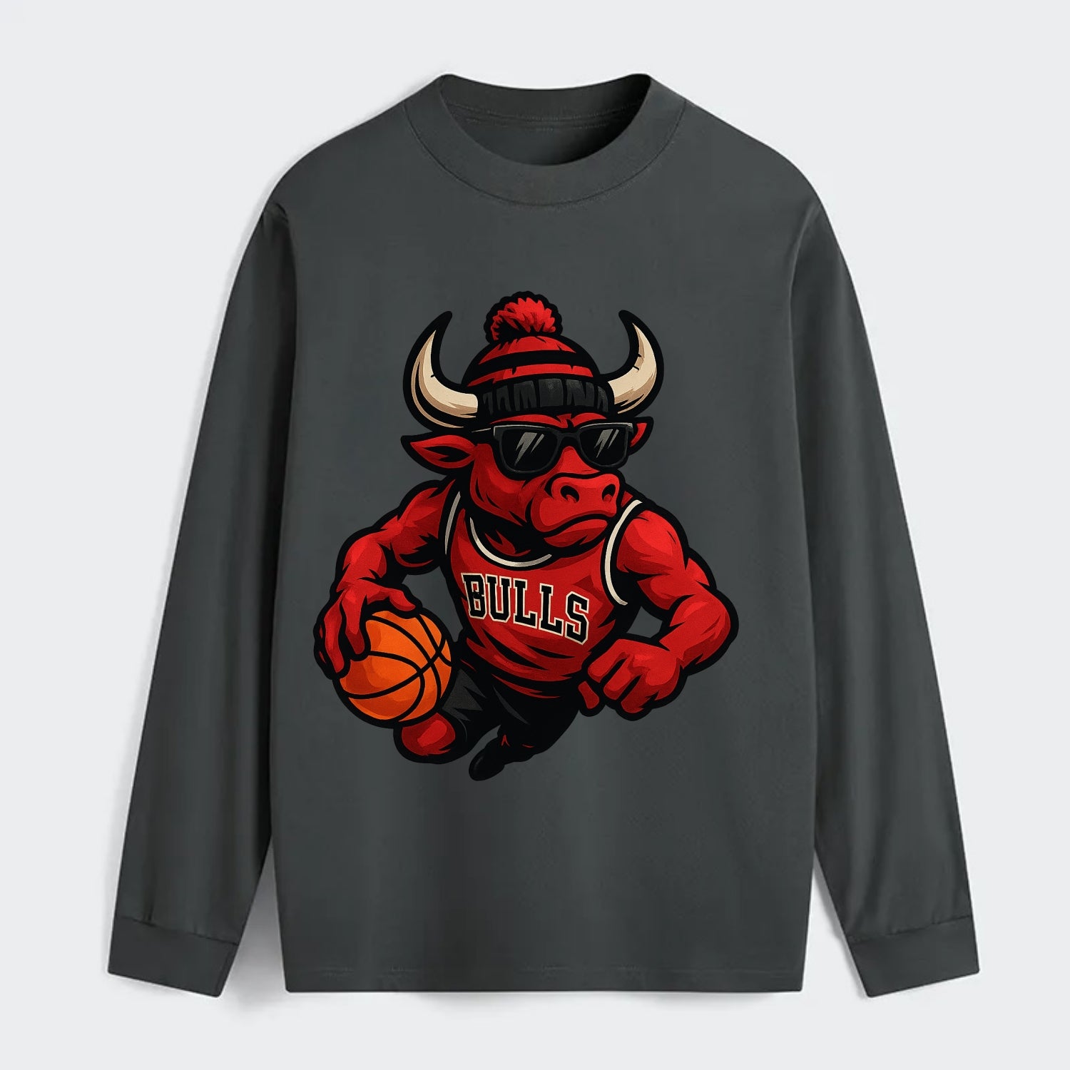 Chicago Bull wearing Bulls red and black beanie with horns design and - Classic Long Sleeve Shirt - Gray