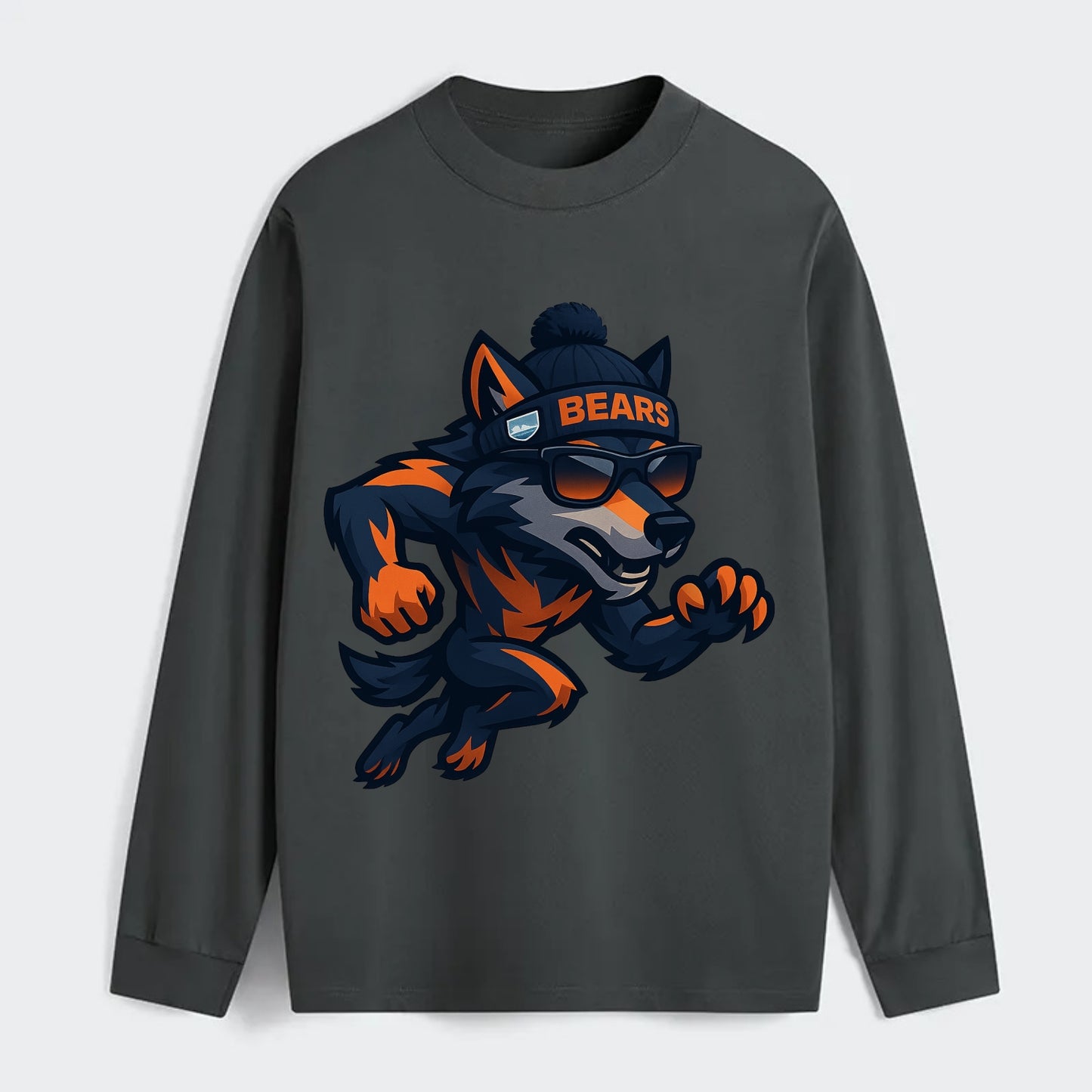 Chicago Wolf wearing Bears beanie with Lake Michigan patch and wayfarer - Classic Long Sleeve Shirt - Gray