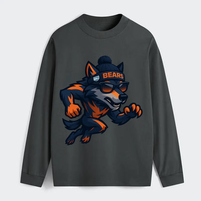 Chicago Wolf wearing Bears beanie with Lake Michigan patch and wayfarer - Classic Long Sleeve Shirt - Gray