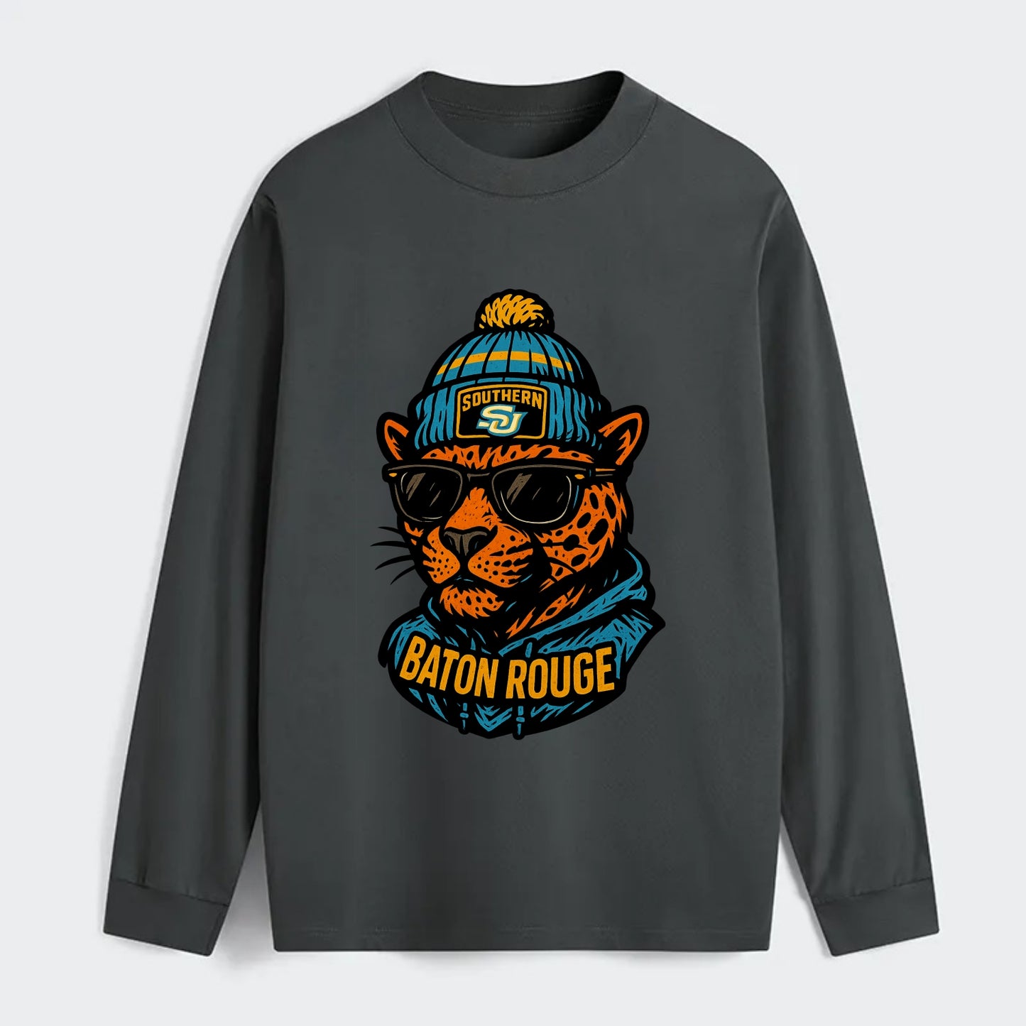 Baton Rouge Jaguar wearing Southern beanie with SU patch - Classic Long Sleeve Shirt - Gray