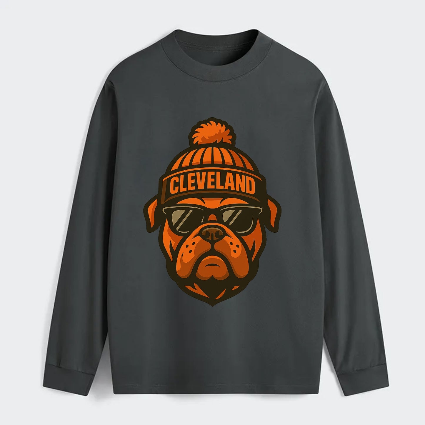 Cleveland Bulldog wearing Browns orange and brown beanie with pom pom - Classic Long Sleeve Shirt - Gray