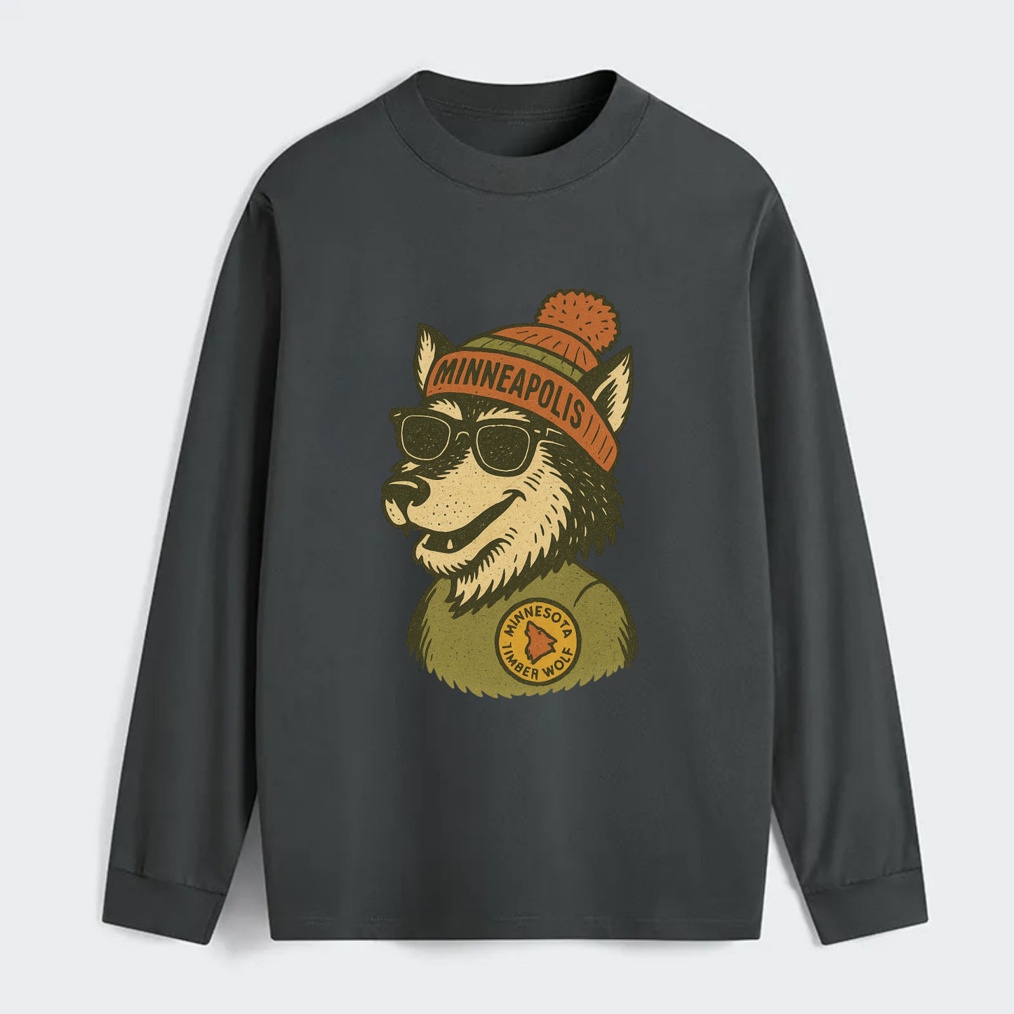 Minnesota Timber Wolf wearing Minneapolis beanie with pom pom and - Classic Long Sleeve Shirt - Gray