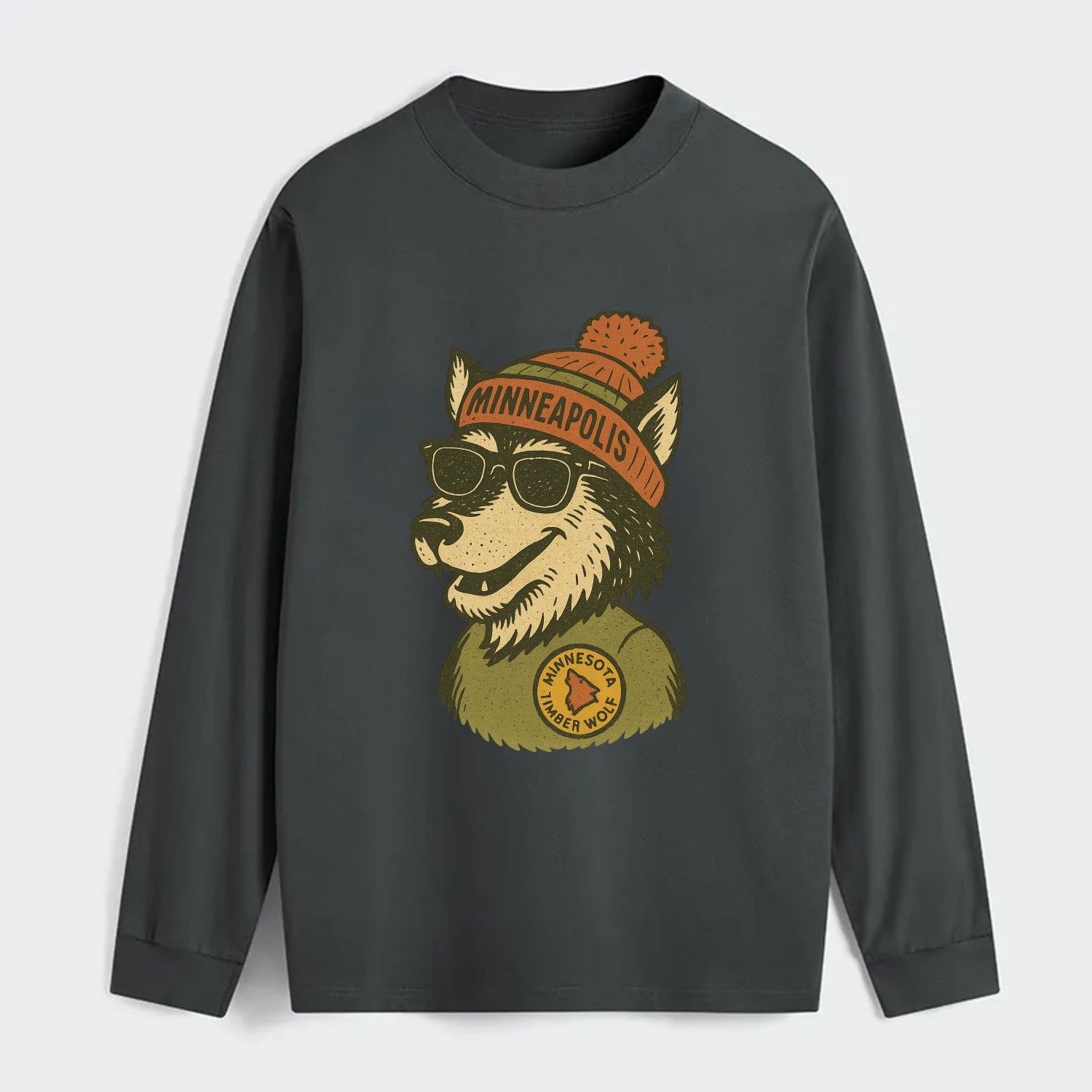 Minnesota Timber Wolf wearing Minneapolis beanie with pom pom and - Classic Long Sleeve Shirt - Gray