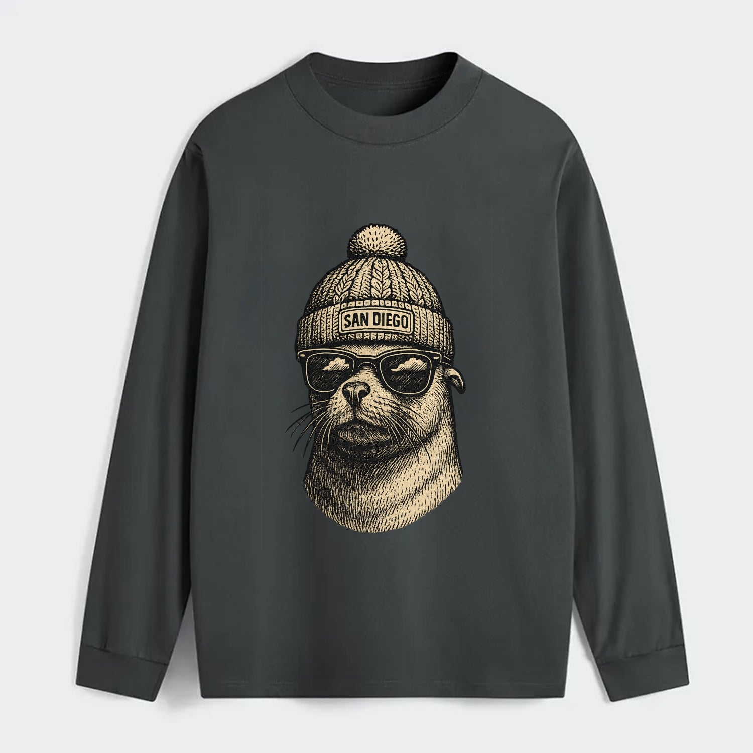 San Diego Sea Lion wearing San Diego beanie with pom pom and wayfarer - Classic Long Sleeve Shirt - Gray