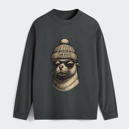 San Diego Sea Lion wearing San Diego beanie with pom pom and wayfarer - Classic Long Sleeve Shirt - Gray
