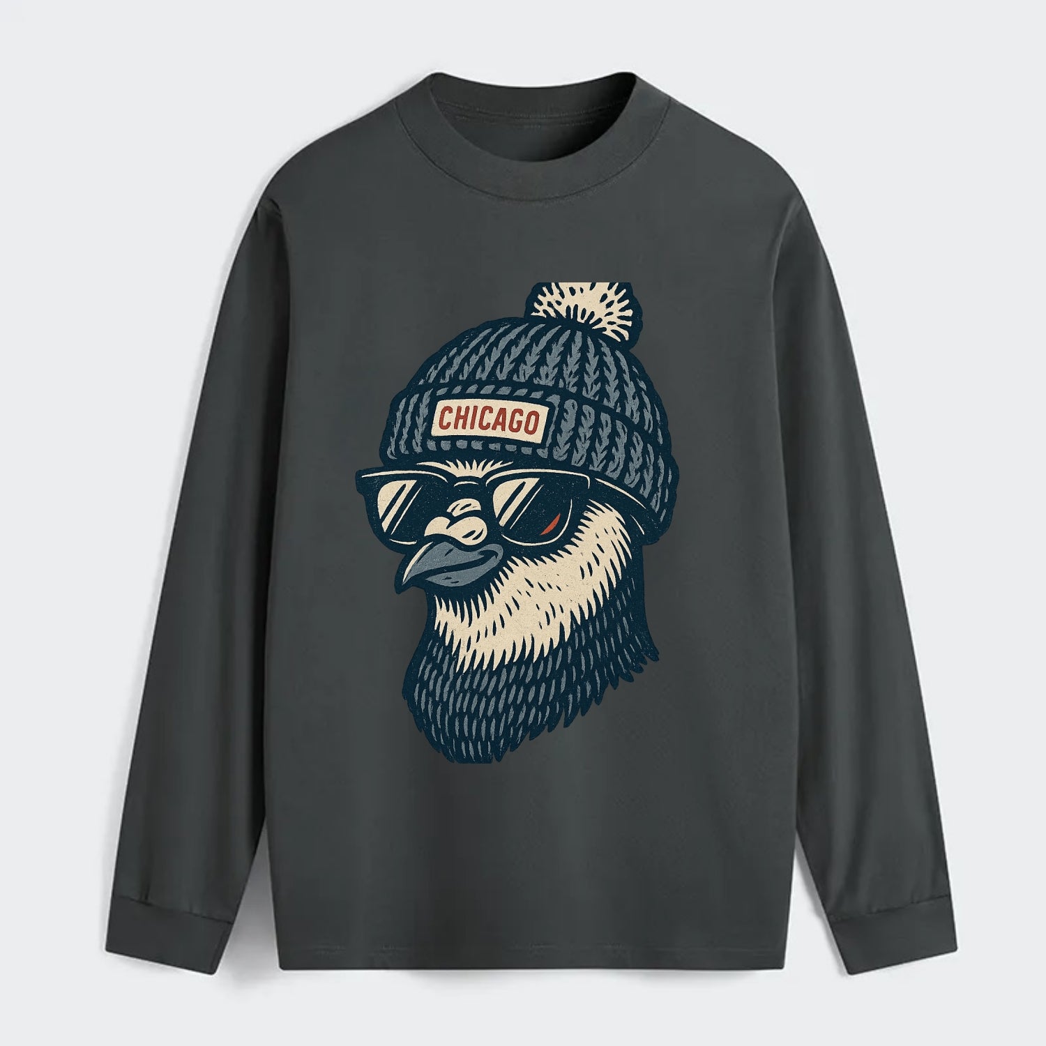 Chicago Pigeon wearing Chicago beanie with pom pom and wayfarer - Classic Long Sleeve Shirt - Gray