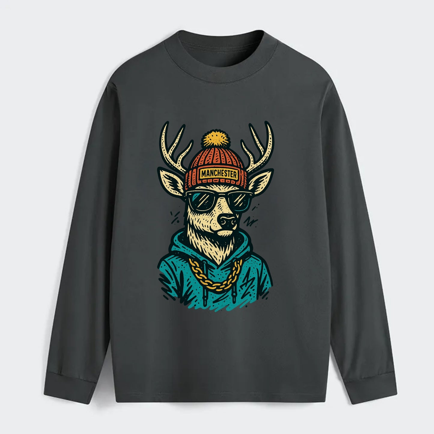 New Hampshire White-tailed Deer wearing Manchester beanie with pom pom - Classic Long Sleeve Shirt - Gray